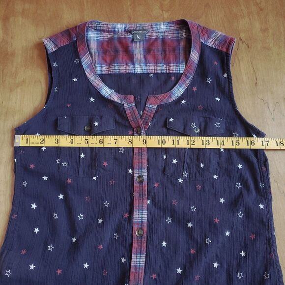Eddie Bauer Sleeveless Top Sz S Navy Blue Red White Stars Plaid Trim 4th of July - Picture 8 of 8